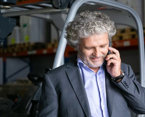A businessman with curly gray hair is talking on the phone in a warehouse setting.