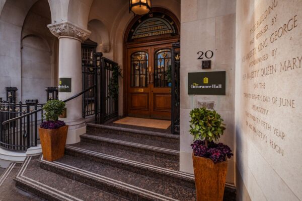 Entrance steps leading to the Chartered Insurance Institute at Aldermanbury, London.