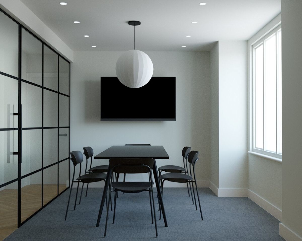 A modern conference room with a table, chairs, a large screen, and glass partition walls.