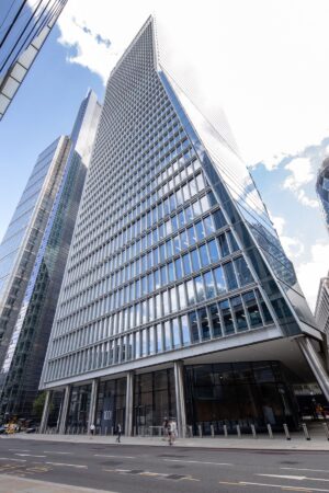 A modern skyscraper at 100 Bishopsgate in London with a glass façade.