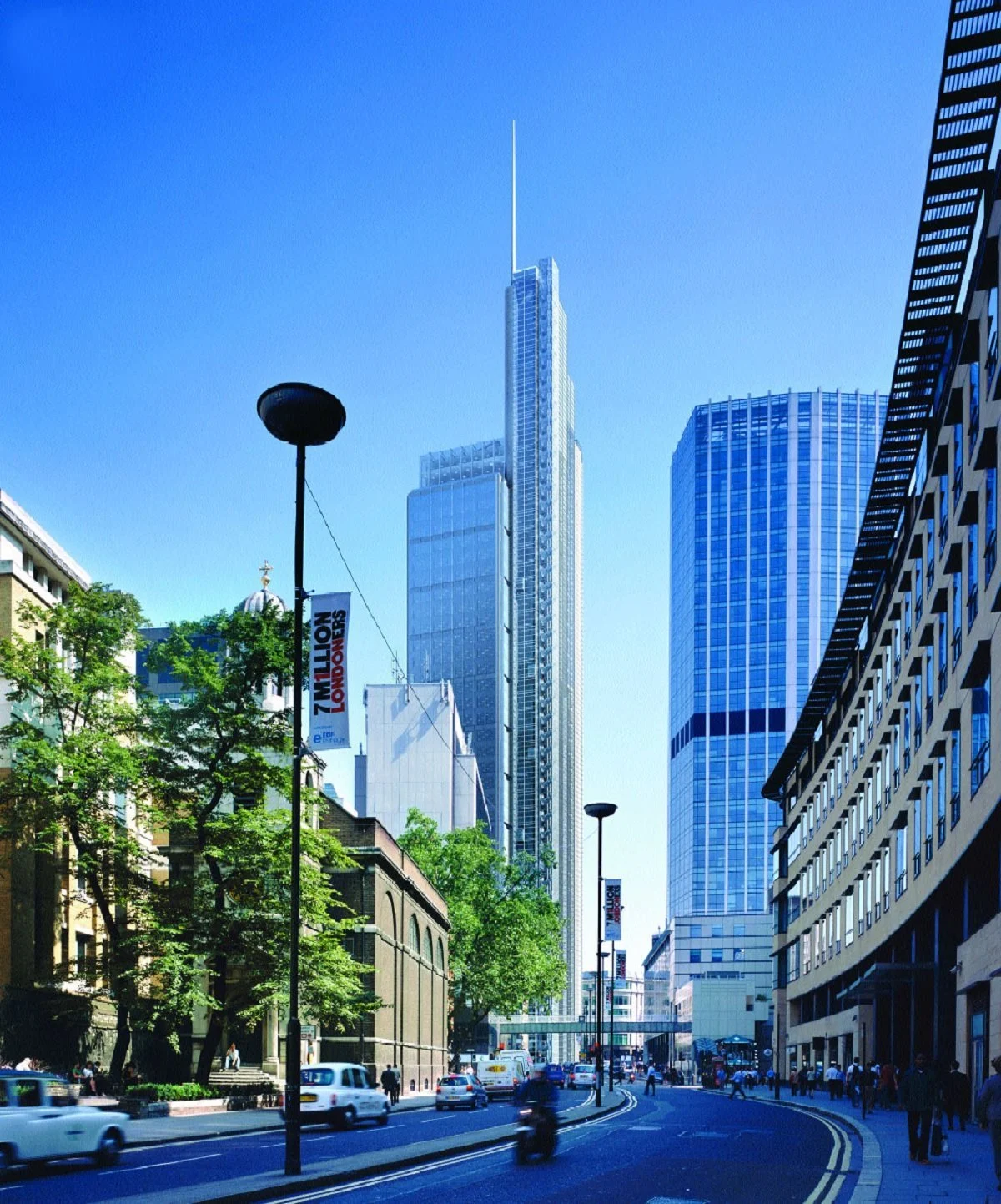 Street view of Bishopsgate 110 in London with modern skyscrapers and busy traffic.
