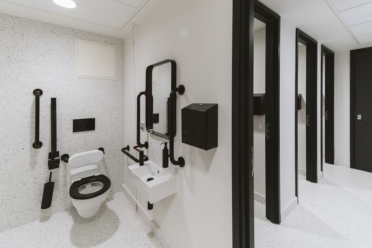 Accessible public restroom with modern design at Bishopsgate 222 B, London.
