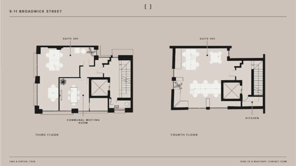 Floor plan of the third and fourth floors of 9-11 Broadwick Street, London, showing suites and communal areas.