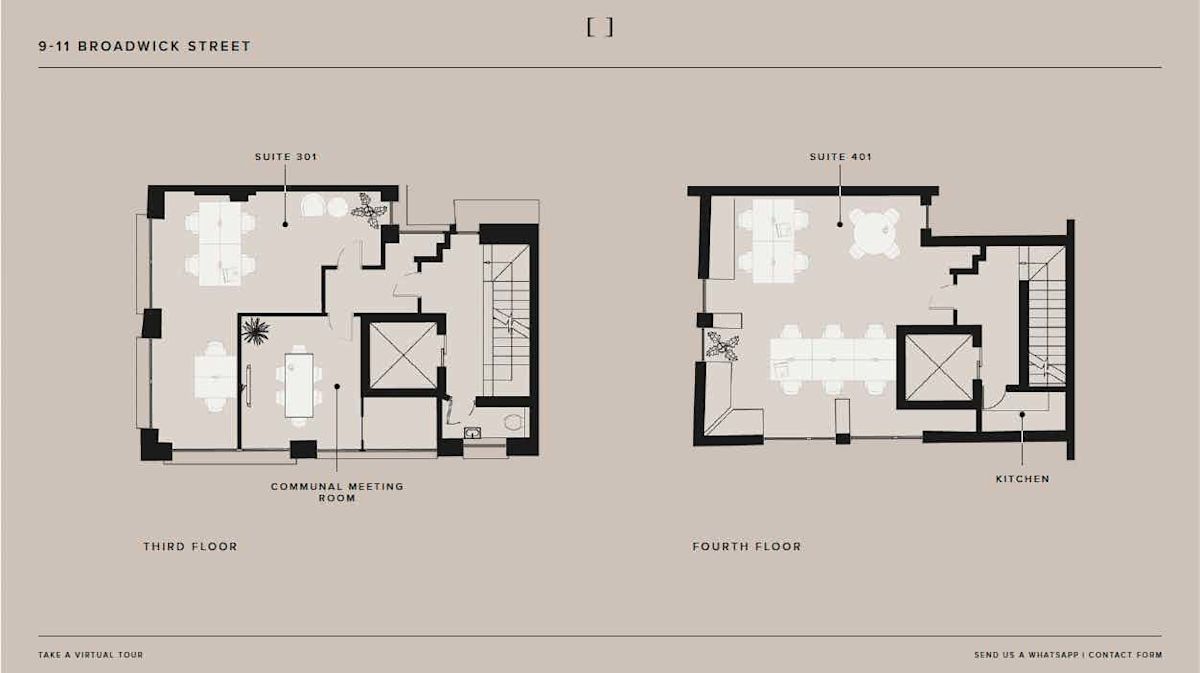 Floor plan of the third and fourth floors of 9-11 Broadwick Street, London, showing suites and communal areas.
