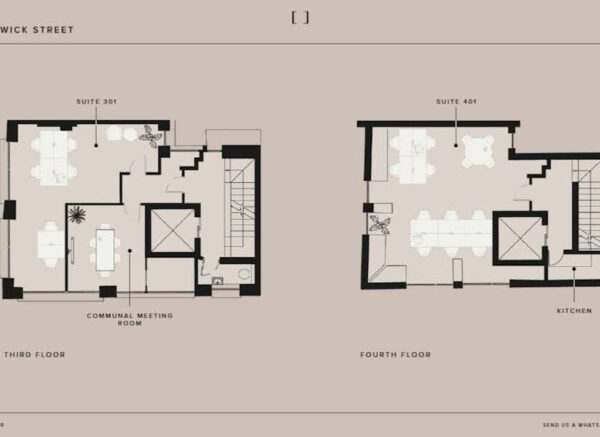 Floor plan of the third and fourth floors at Broadwick Street 9 11, London, showing suites and communal areas.