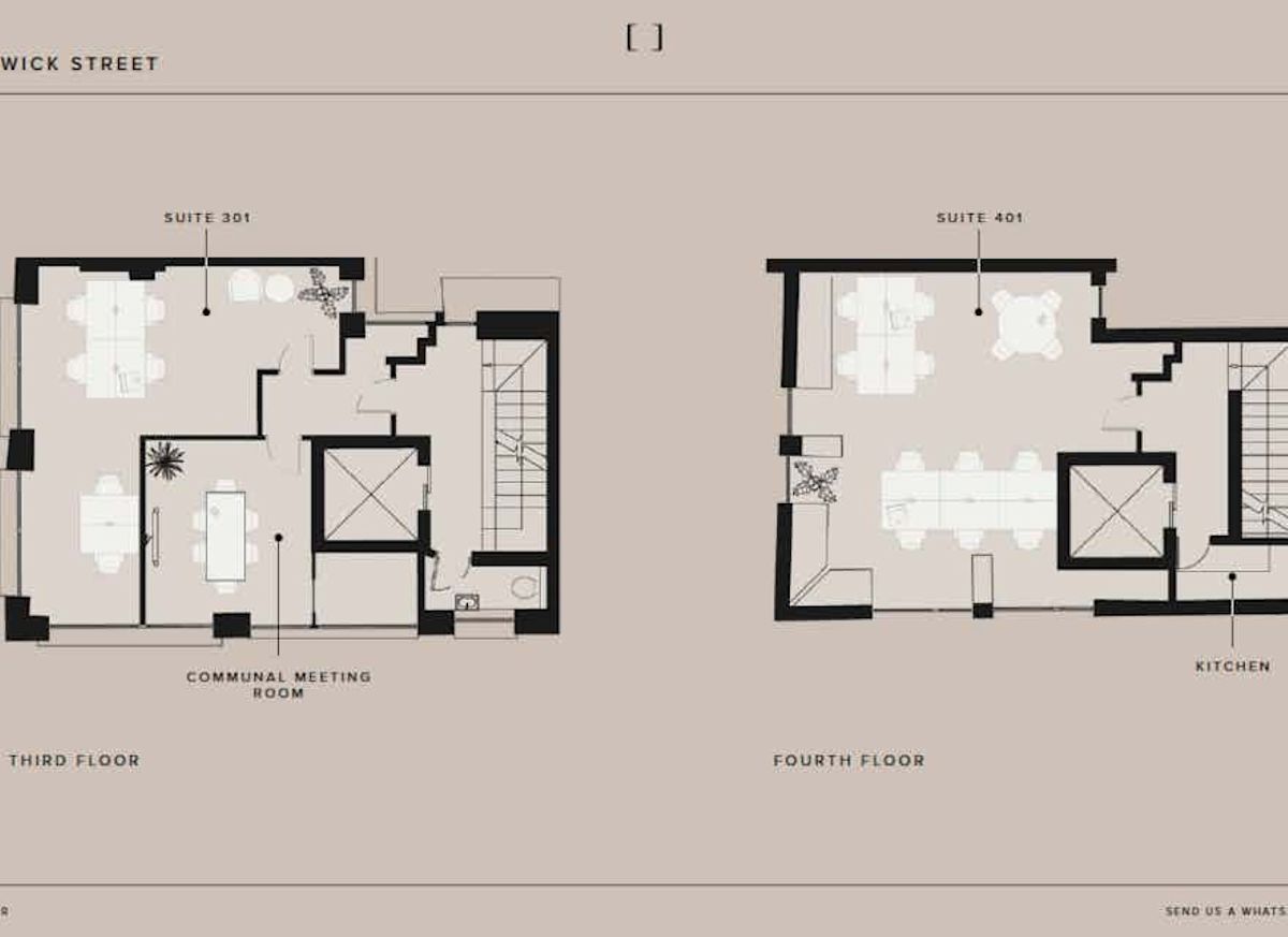 Floor plan of the third and fourth floors at Broadwick Street 9 11, London, showing suites and communal areas.