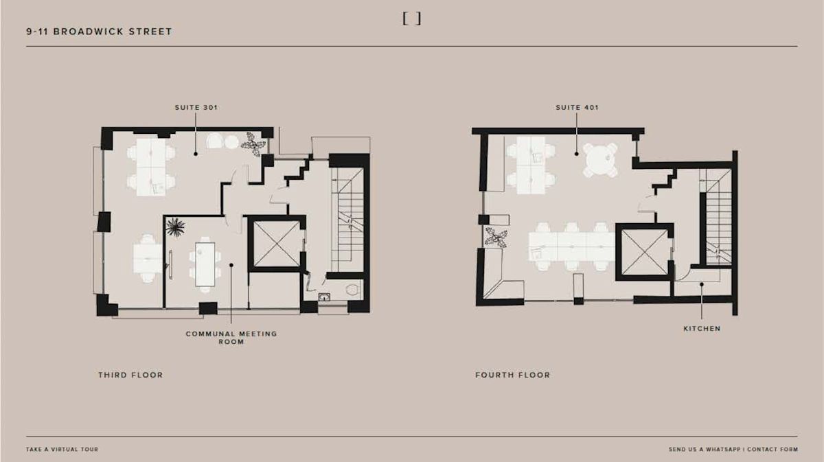 Floor plan of the third and fourth floors of 9-11 Broadwick Street in London, showing suites and communal meeting areas.