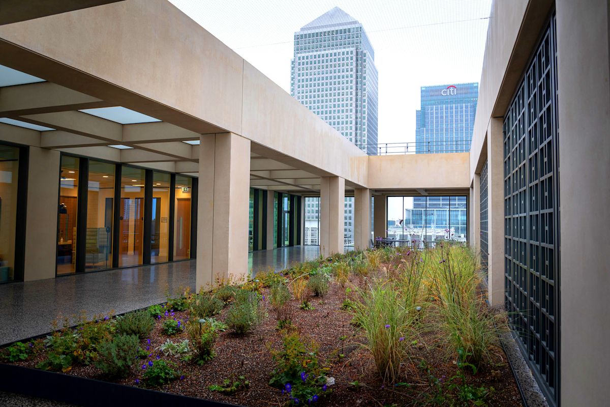 View of the rooftop garden at Cabot Square 25 in London with surrounding skyscrapers.