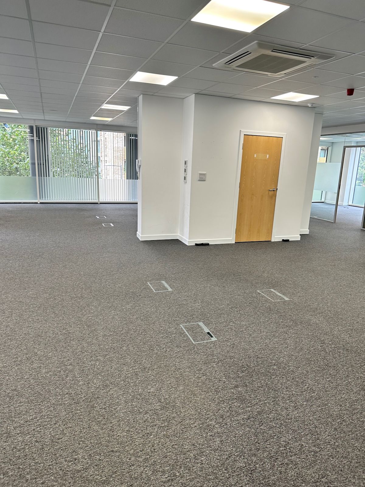 Empty office space on the ground floor of Cadmus Court in London with carpet flooring and a closed wooden door.