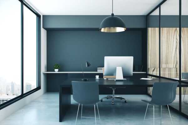 Modern office space at Churchill Place 30 London with large windows and minimalist decor.