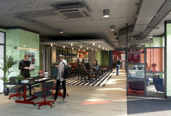 Modern coworking space with people working and socializing.