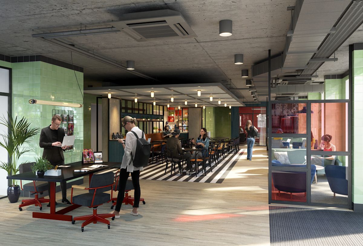 Modern coworking space with people working and socializing.