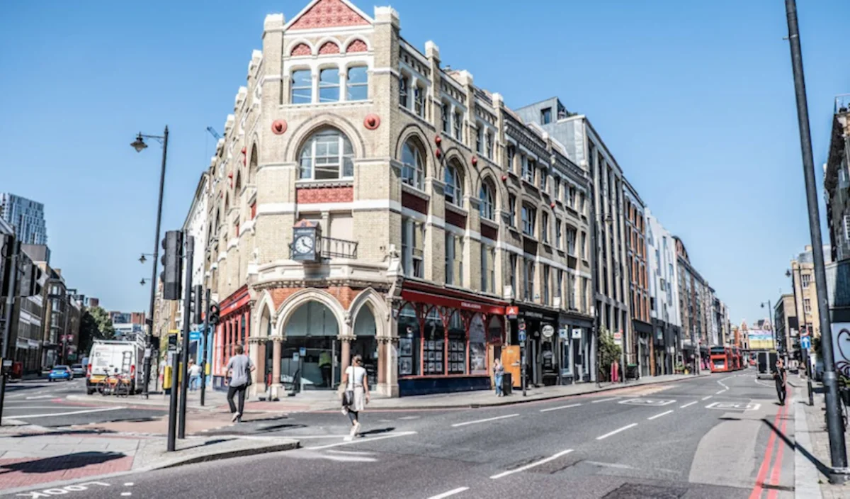 Street view of a historic building on Great Eastern Street in London.