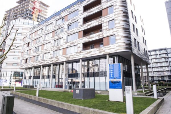 Modern building with a distinctive facade at Indescon Square 5 in London.