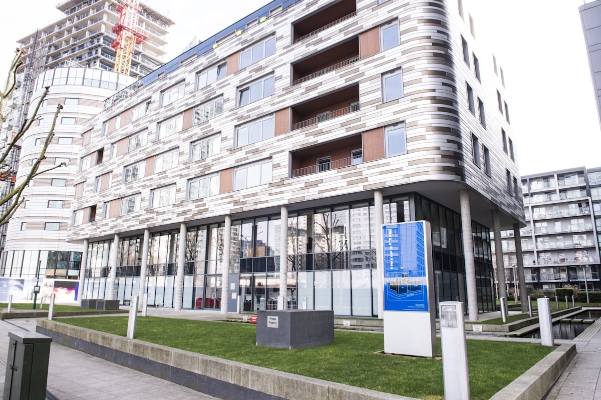 Modern building with a distinctive facade at Indescon Square 5 in London.