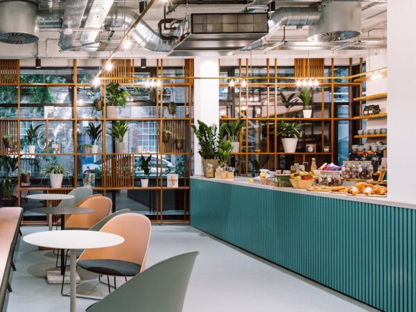 Modern cafe interior at Ingestre Place, London, featuring cozy seating and a counter with food and plants.
