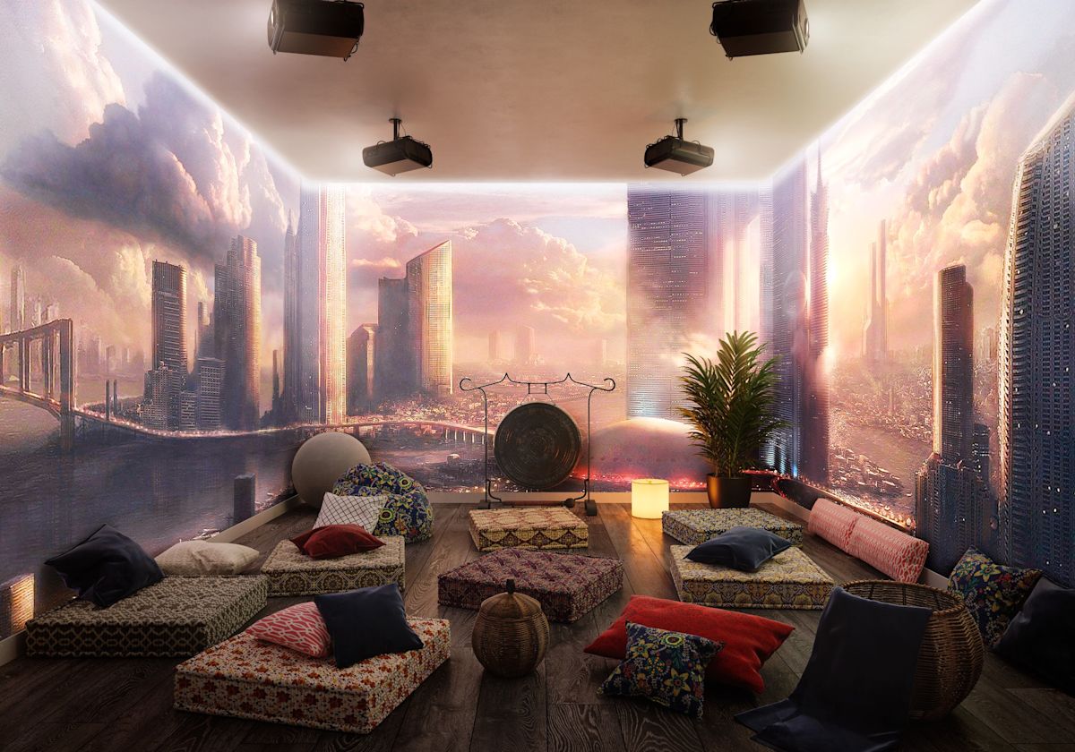 A cozy meditation room with cushions and a cityscape mural at Ingestre Place, London.