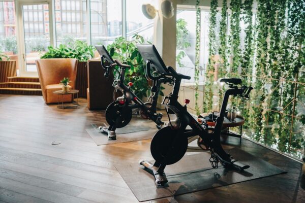 Two Peloton exercise bikes in a bright, plant-filled room with large windows.
