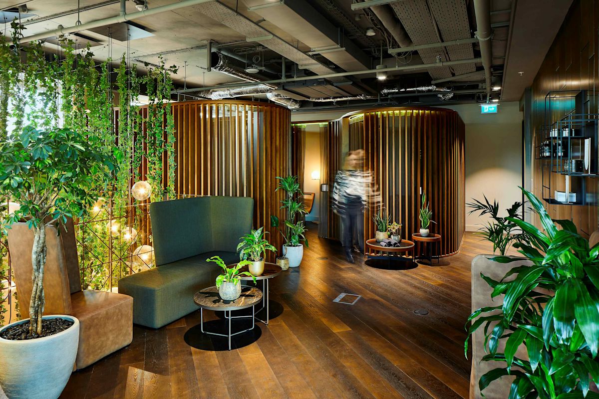 A modern office lounge area in London featuring green plants, wooden accents, and comfortable seating.