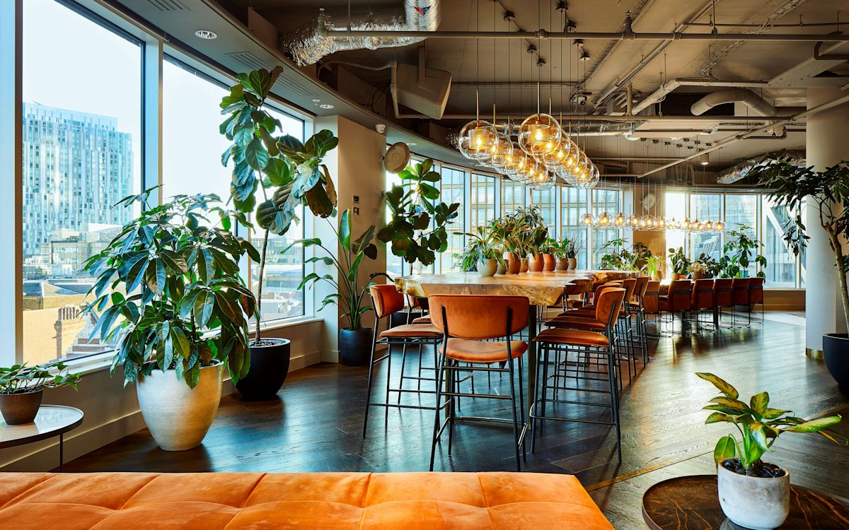 A modern office interior at Liverpool Street 34-37 in London features large windows, abundant plants, and stylish seating.