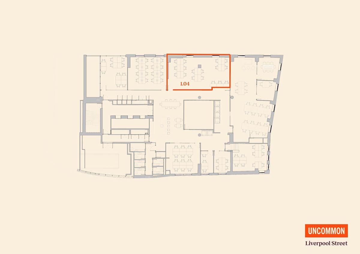 Floor plan of Liverpool Street office space with room 1.04 highlighted.