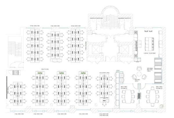 Floor plan of an office layout at 42 New Broad Street, London, featuring workstations, meeting rooms, and a large tea point.