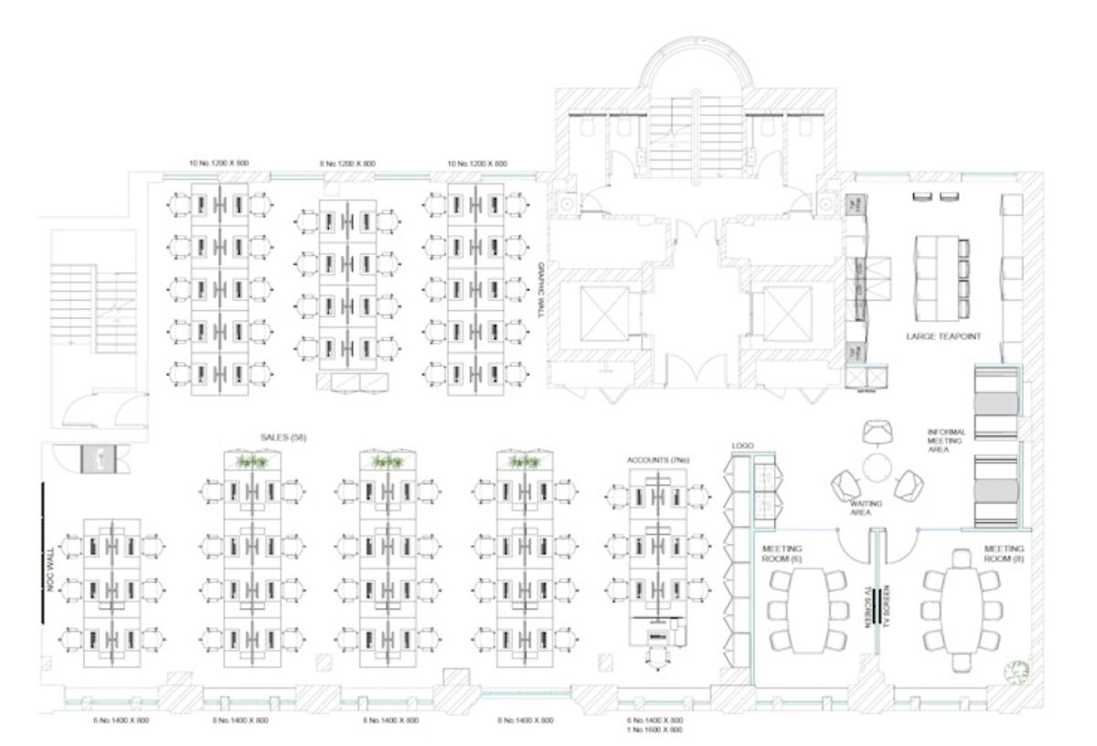 Floor plan of an office layout at 42 New Broad Street, London, featuring workstations, meeting rooms, and a large tea point.