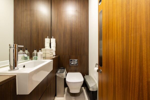 Modern bathroom with wooden panels, a white sink, and a toilet at 42 New Broad Street, London.