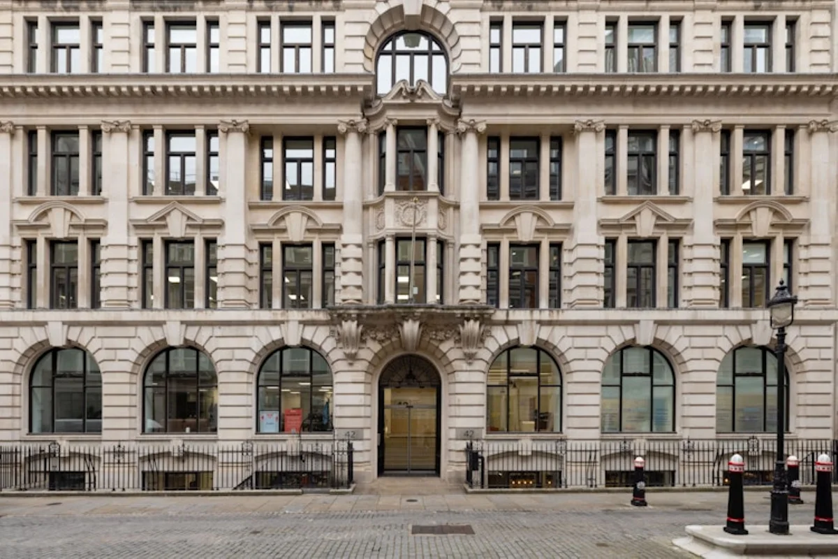 The ornate facade of 42 New Broad Street in London.