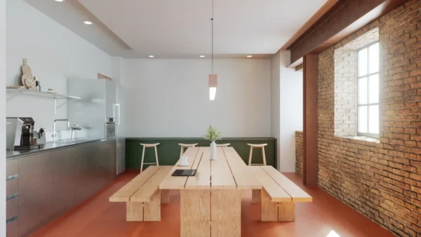 A modern kitchen interior with a wooden dining table and benches, stainless steel appliances, and brick accent walls.