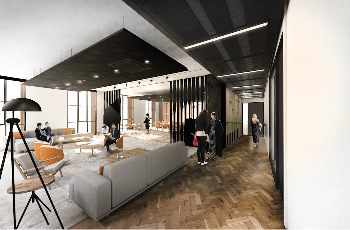 Modern office lounge with people sitting and talking at Phipp Street 1, London.