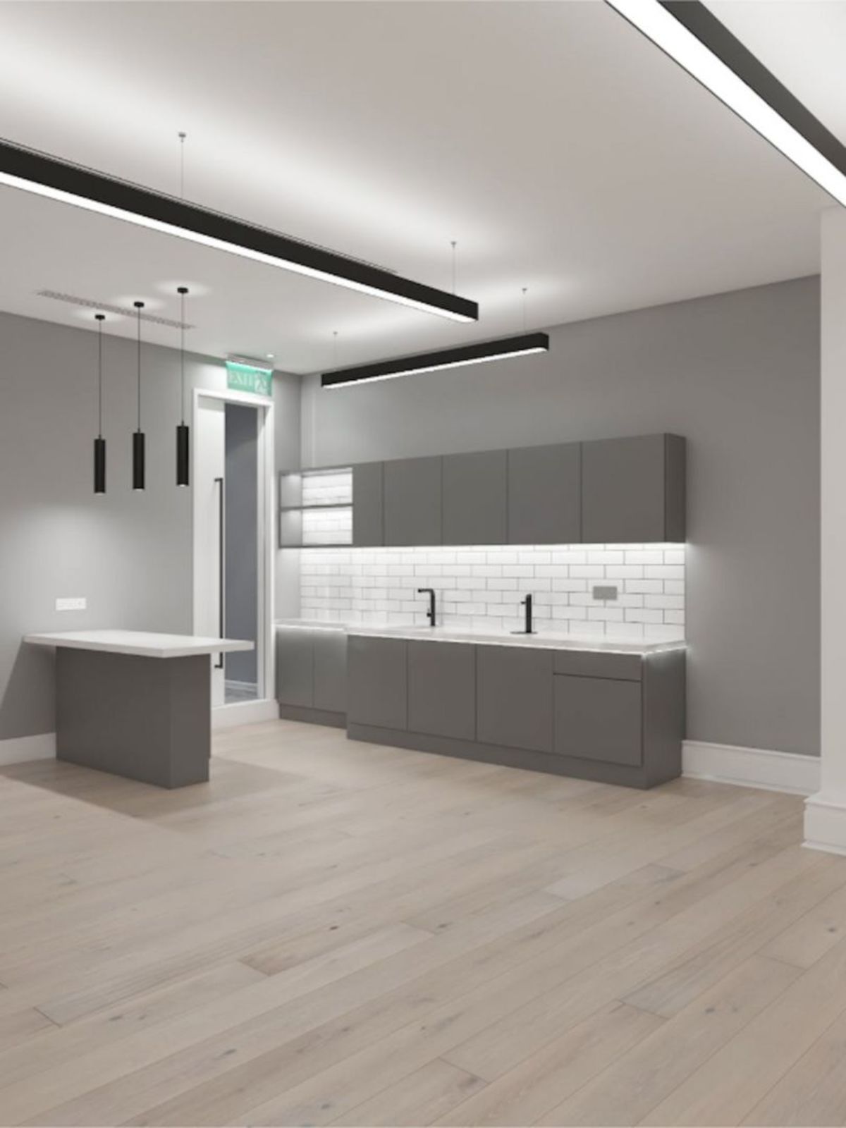 A modern, minimalist kitchen interior with gray cabinets and light wood flooring at Poland Street 6, London.