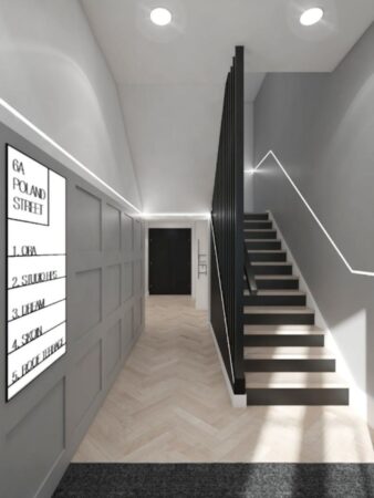 Modern hallway interior at 6A Poland Street, featuring stairs and a directory sign.