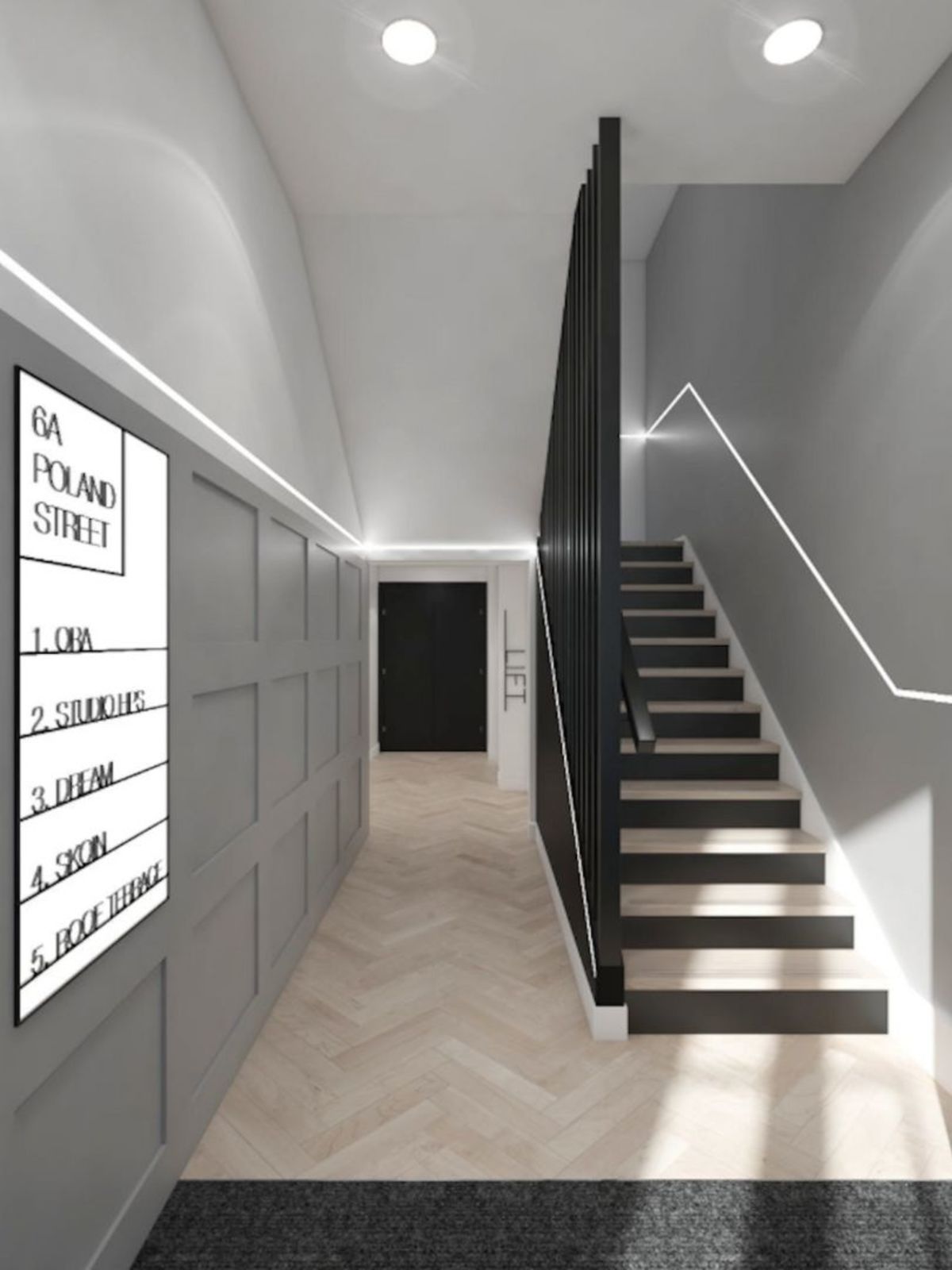 Modern hallway interior at 6A Poland Street, featuring stairs and a directory sign.