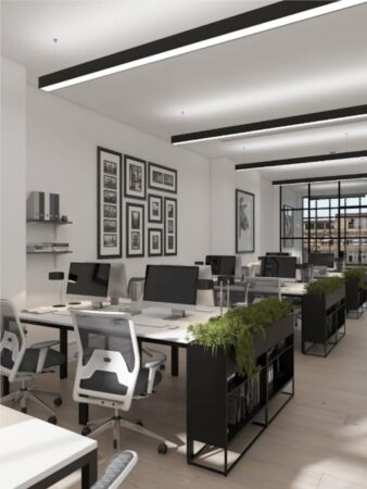 Modern open-plan office space with desks, chairs, plants, and framed art on the walls.