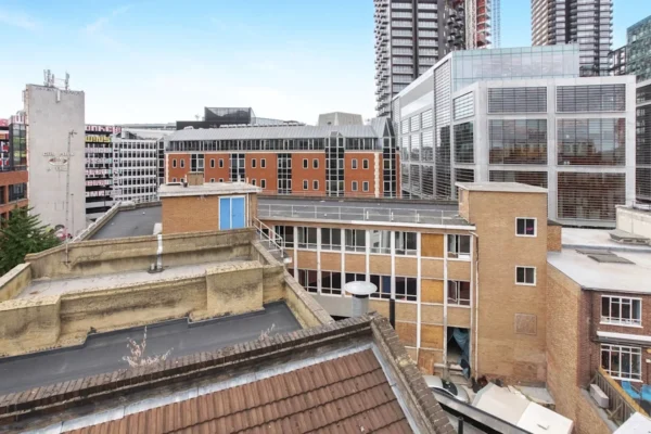 Rooftop view of surrounding buildings at Scrutton Street, London.