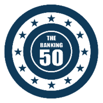 A blue circular emblem with stars and the text "The Banking 50" in the center.