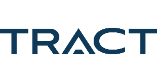 The image displays the word "TRACT" in bold blue capital letters on a black background.