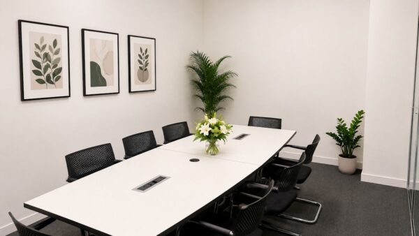 A modern conference room with a large white table, black chairs, and plants, featuring framed artwork on the wall.