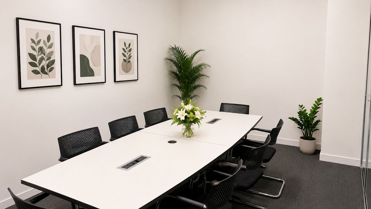 A modern conference room with a large white table, black chairs, and plants, featuring framed artwork on the wall.