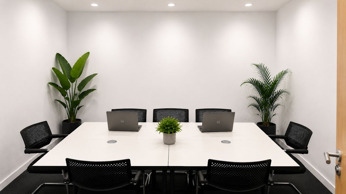 A minimalist office meeting room with a table, chairs, laptops, and potted plants.